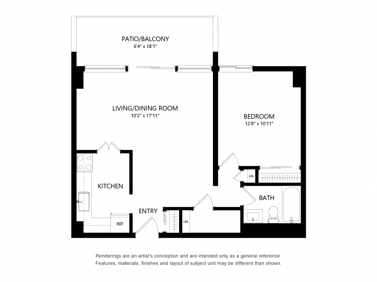 Floor plan for 1 bed, 1 bath, 689 sqft